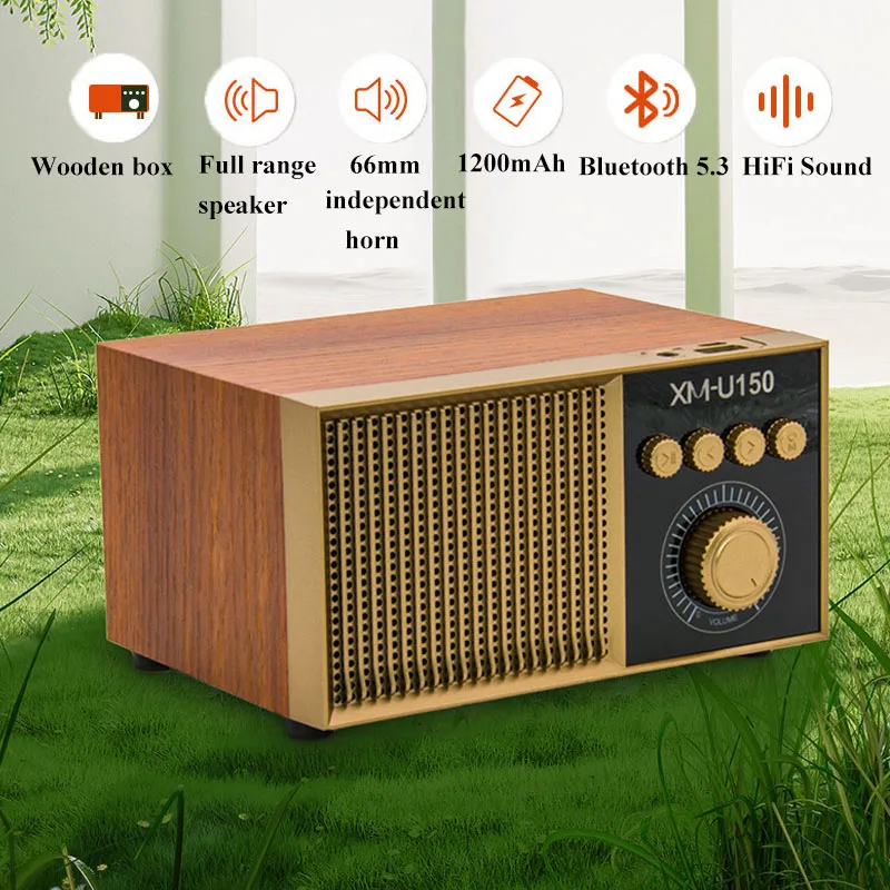 Vintage FM Radio Radio prenosné drevo Bluetooth5.3 Reproduktor Wireless Handfree Hifi Hudobný prehrávač Podpora USB/TF/AUX/TWS Nabíjateľné
