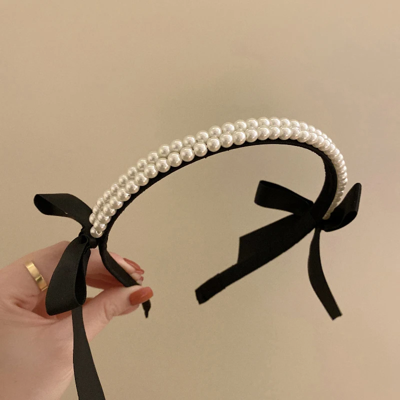 Vintage francúzske perly s luk vlasovými kapelami pre ženy Dievčatá čelenka Kórejská elegantná čierna klasická vlasová obruč