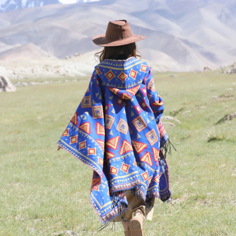 Vintage geometrická tlačová kapucňa Poncho Ženy teplé strapce plášť 2024 jar jesenná imitácia Cashmere Shawl
