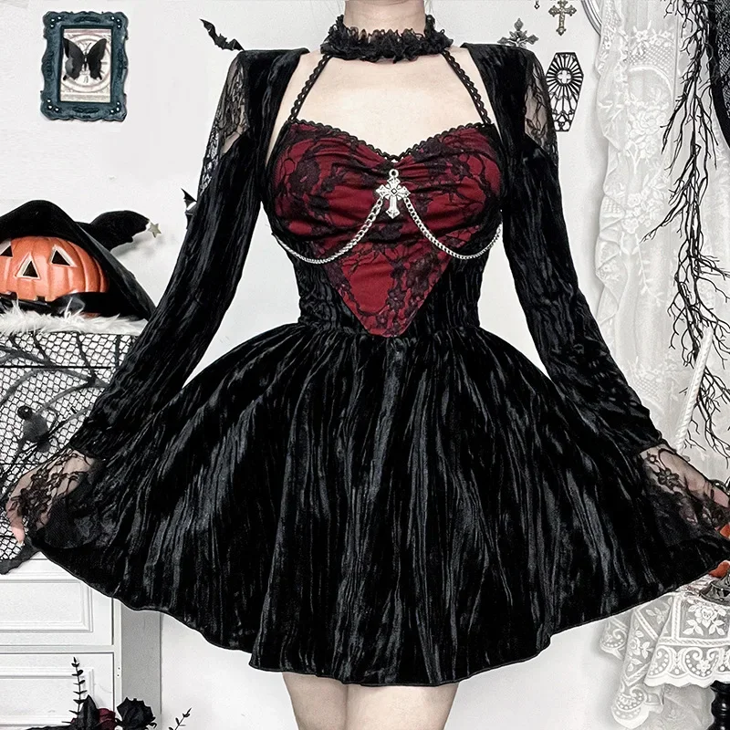 Vintage gotické čipky Patchwork šaty štvorcový obojok šaty pre ženy na začiatku jeseň novú strednú dĺžku Vestidos Mujer