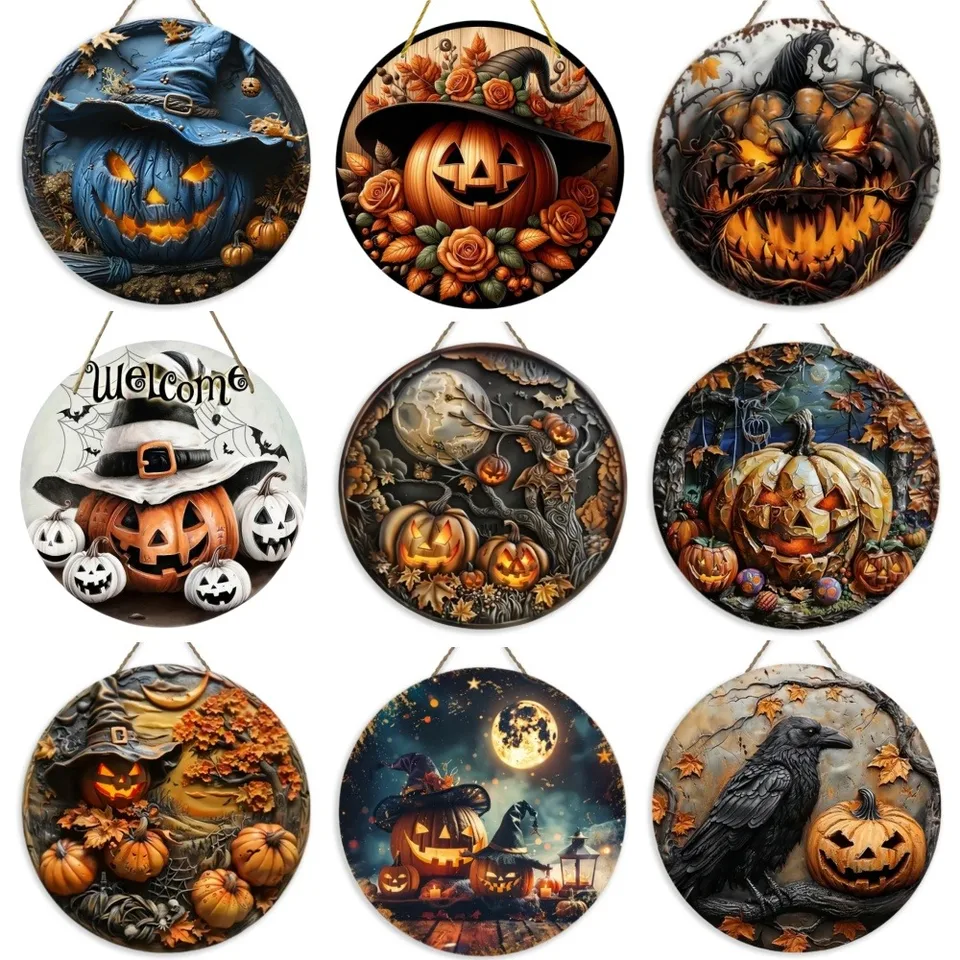 Vintage Halloween Round Wooden, Dizajn s tekvicou, vhodný pre dom, izbu, bar, kaviareň, garáž, dekoráciu večierkov, darček, darček