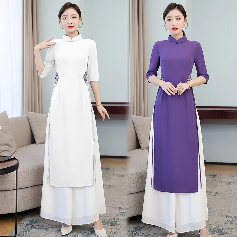 Vintage harajuku fialové ao dai vo Vietnam Slidné nohavice s dvoma kusmi vyšívací čínsky štýl Ženy štíhle príležitostné biele dlhé top súpravy