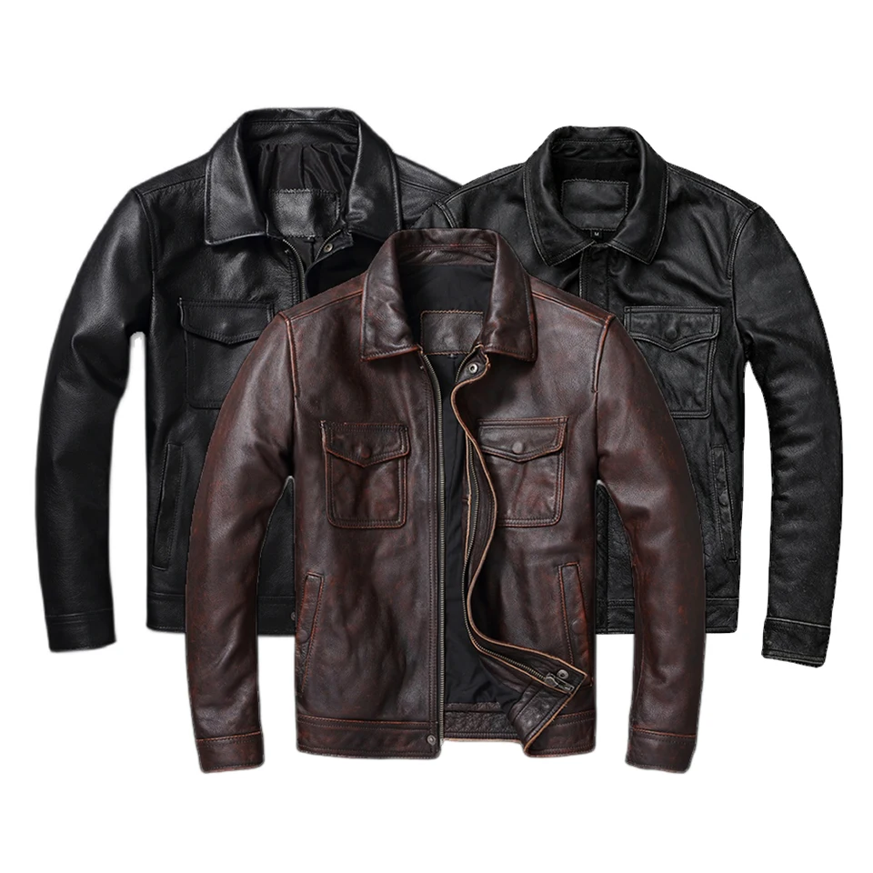 Vintage hnedá červená kožená kožená bunda Muži 100% Cowhide Natural kožené bundy Muž Kožené jesenné oblečenie Coat Corav
