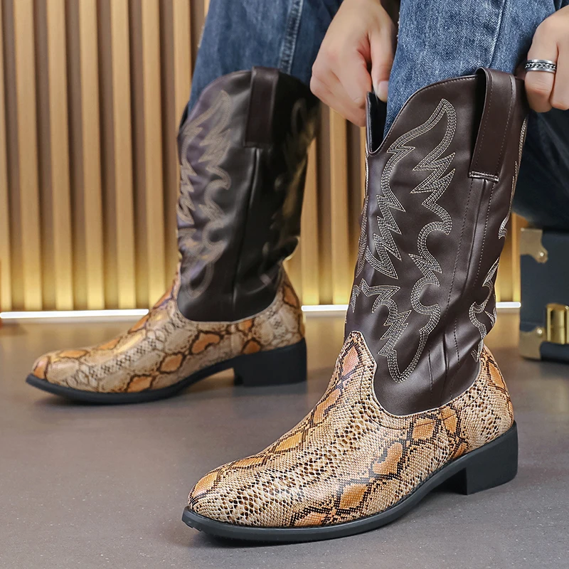 Vintage hnedé zimné topánky pre mužov vyšívané kožené kovbojské topánky Men High Boots Western Riding topánky Men topánky veľkú veľkosť 48