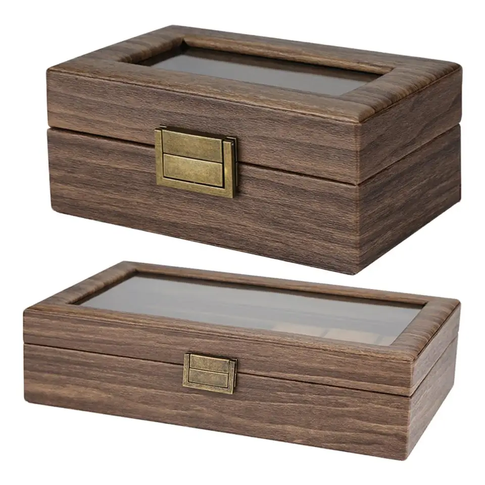 Vintage hodinky Box Drevené puzdro Organizátor sklenené šperky úložný priestor 6 slotov