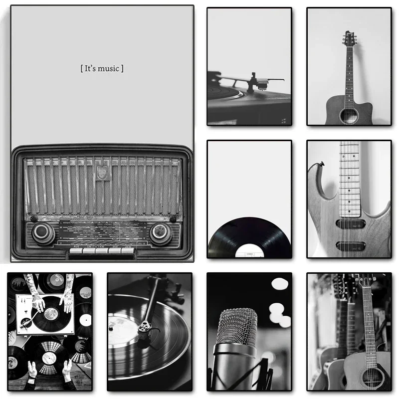 Vintage hudba vinylový záznam plagát nástenné umenie čierna a biela fotografia pre slúchadlá Radio Canvas maľba výtlačky hudobné štúdio