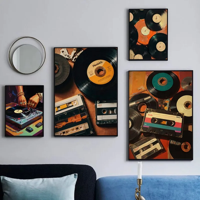 Vintage hudba vinylový záznam plagát Trendy retro disk zvukové páska Canvas maľba Art