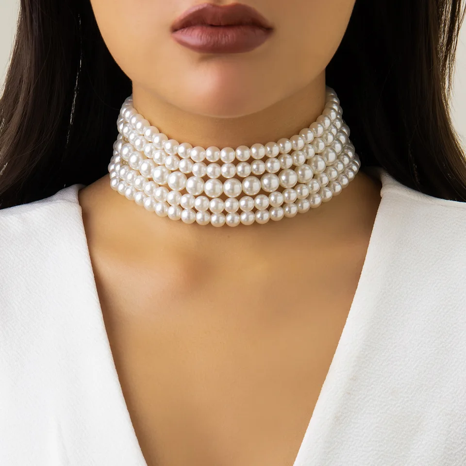 Vintage imitácia perla viacvrstvový náhrdelník Oval Beasds Choker Elegantný golier pre dámske reťazové šperky Darček