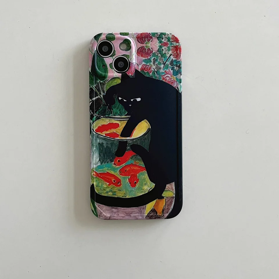 Vintage Ins Olej olejomaľby Čierna mačka a ryby misa Krásny telefón pre iPhone 16 15 14 13 12 11 Pro XS Max 7 8 plus y2k roztomilý kryt