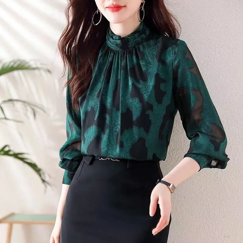 Vintage Jacquard Weave Shirt Spring Jeseň Half High High Collar dochádzanie dámskym oblečením štýlové tlačené záhyby Zostrihaná voľná blúzka