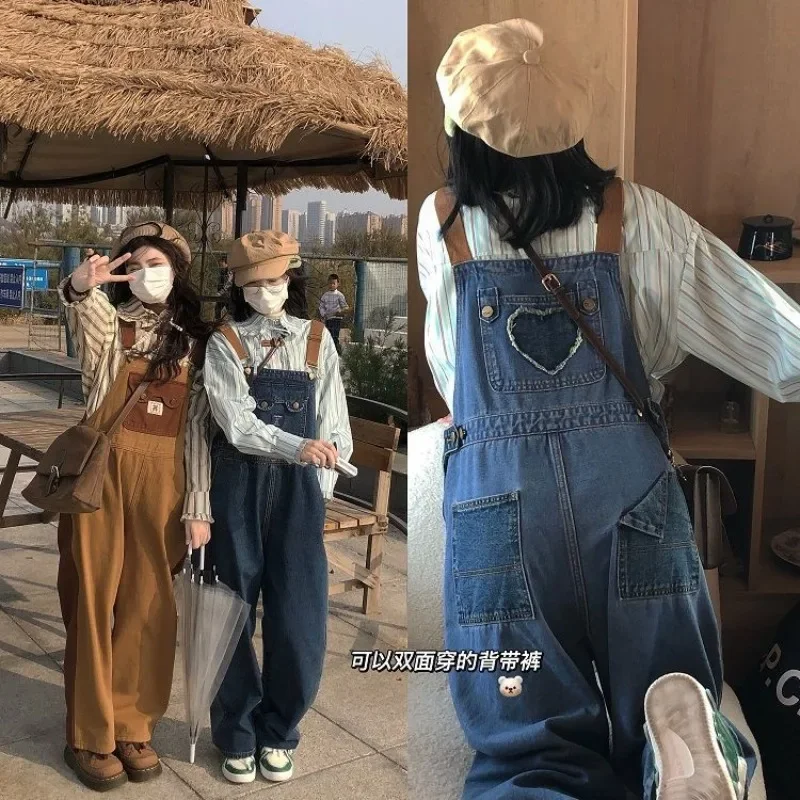 Vintage kawaii denim kombinézy kombinézy dámske dámske dievčatá Dievčatá Brown Blue Loose Loose Customer Leg Pants Džínsy Všetky zhodné nohavice