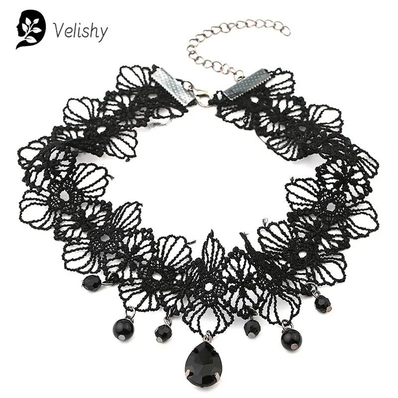Vintage klasické gotické tetovanie čipkok pre ženy pre ženy čierny krištáľový prívesok kúzlo Choker náhrdelníky boho šperky vianočný darček