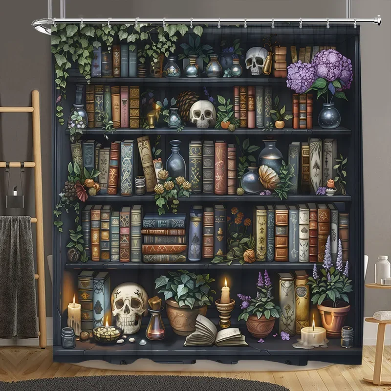 Vintage knižnica sprchovačka záclona Stará knižná knižnica lebka Halloween Candles kvetinové rastliny Domov polyester tkanina kúpeľňa dekor sada