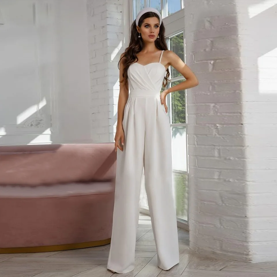 Vintage kombinézy svadobné šaty pre ženu letné skromné ​​občianske špagety popruhy svadobné šaty hosťovské párty backless Vestido de novias