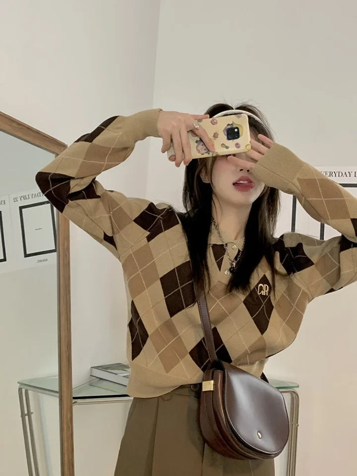 Vintage kontrastné farebné vrcholy plodín Argyle Plaid