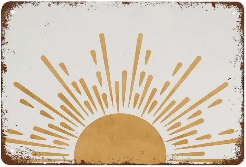 Vintage kovová plechová značka v polovici storočia Moderné umenie Decor Decor Sun Art Art Boho dekor Horizontálny žltý západ slnka minimalistický plagát sui