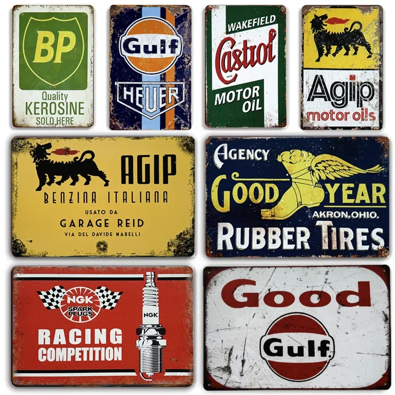 Vintage kovové plechové značky Agip ngk Motor Oil Oil Plyn Racing Art Plags Plates Garáž domáca stena dekor