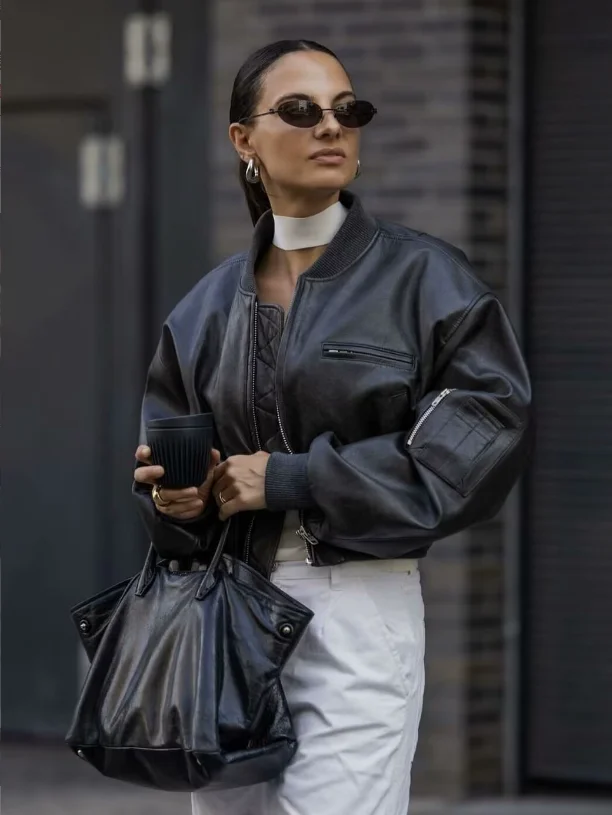 Vintage kožená bombardovacia bunda Dámske neformálne zipsové vrecká s dlhým rukávom plodiny 2024 Jeseň Lady High Street Outwears P1363