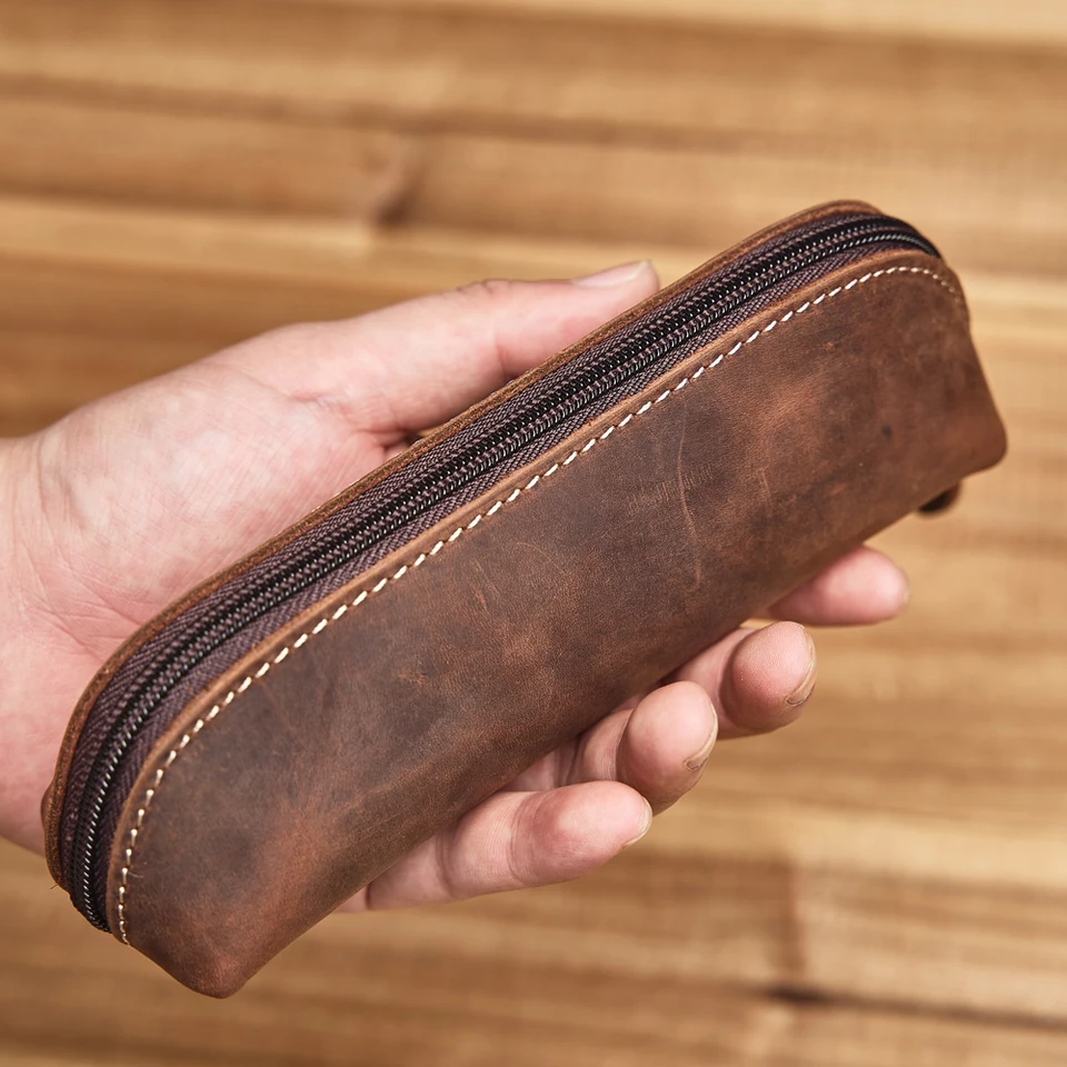 Vintage kožená ceruzka taška Jednoduché kancelárske potreby Hoder Pen Case Storage Bag zips ceruzka Cencil puzdro okulia