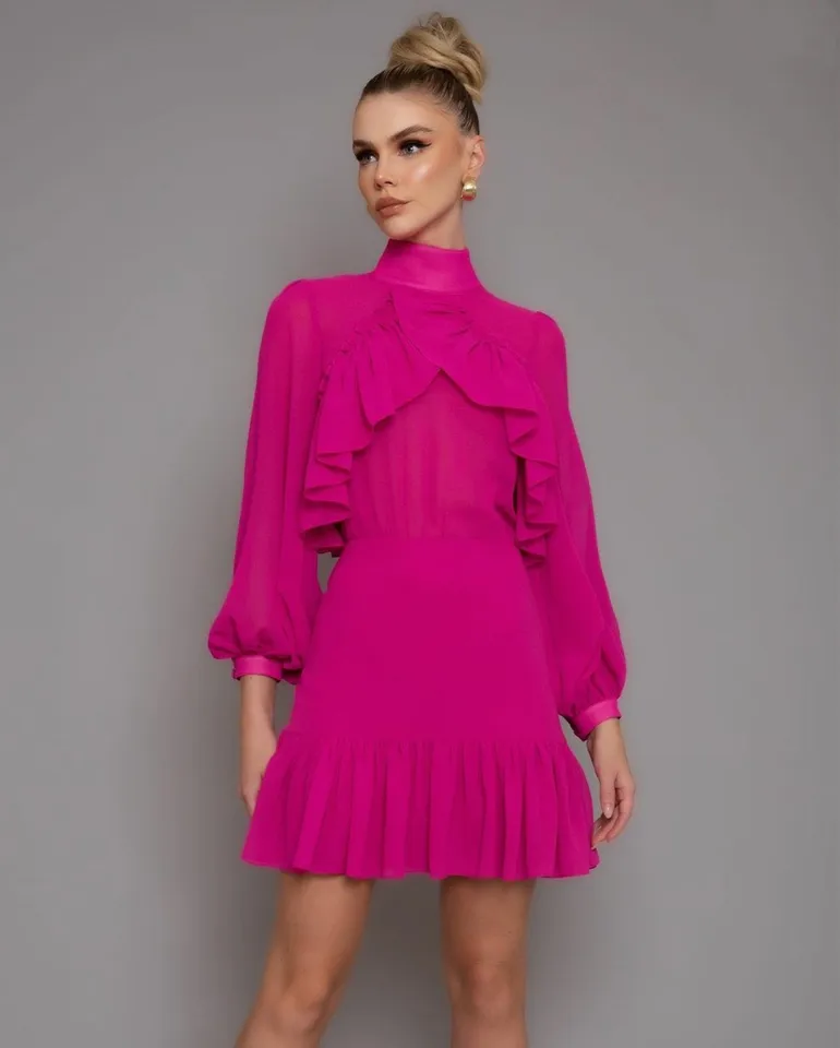 Vintage Krátky fuchsia šifónové večerné šaty puzdro vysoký krk nad kolennou dĺžkou bočná štrbina Formálne príležitosti Prom Party Party šaty