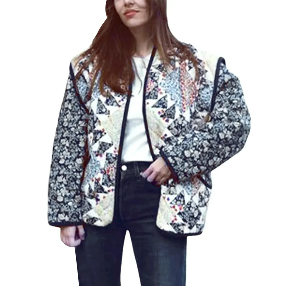 Vintage kvetinová tlač dám zimná bavlnená bundy ženské módne otvorené predné prešívané kabáty vonkajšie oblečenie Streetwear