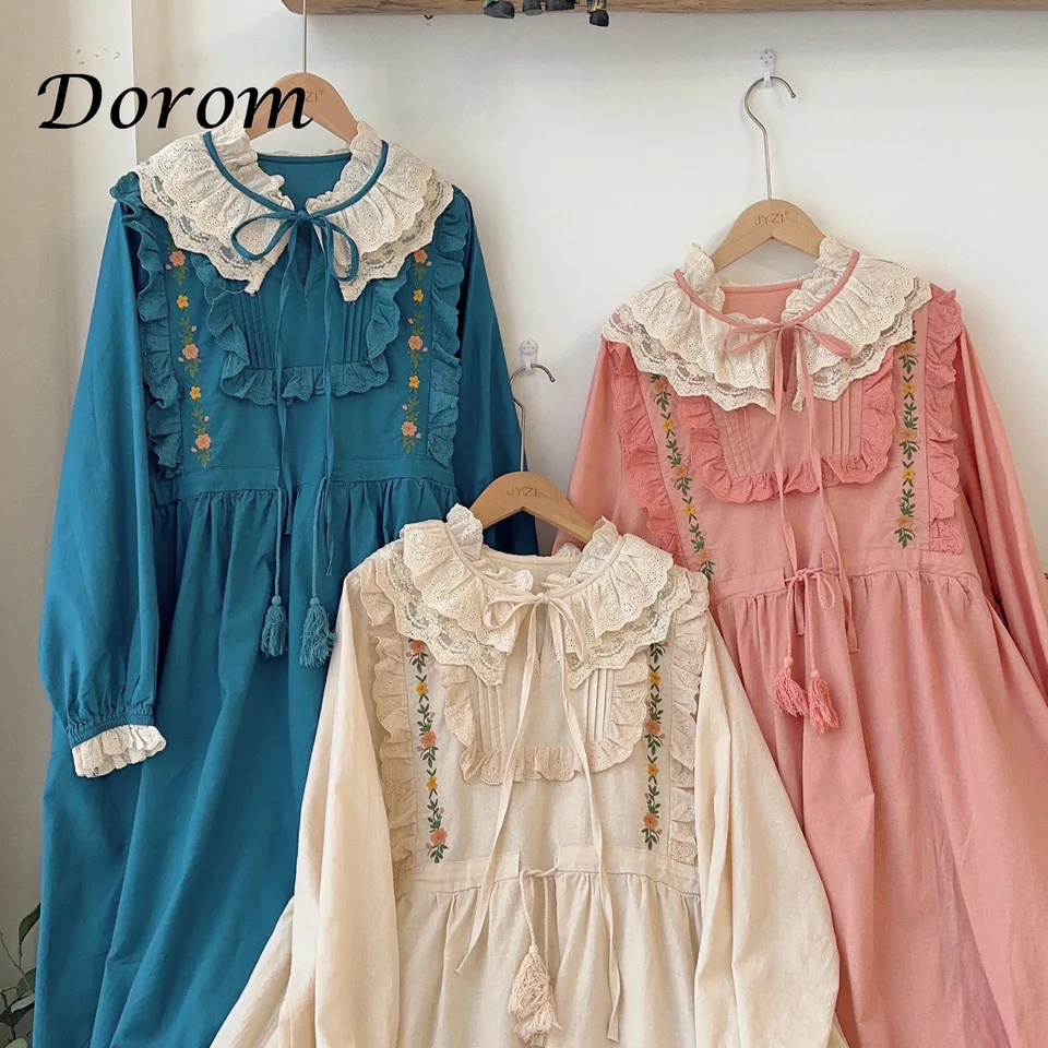 Vintage kvetinová výšivka Peter Pan Collar Kawaii šaty Ženy Spring Kórejský prípravný štýl šnurovaný šnurkou nafúk