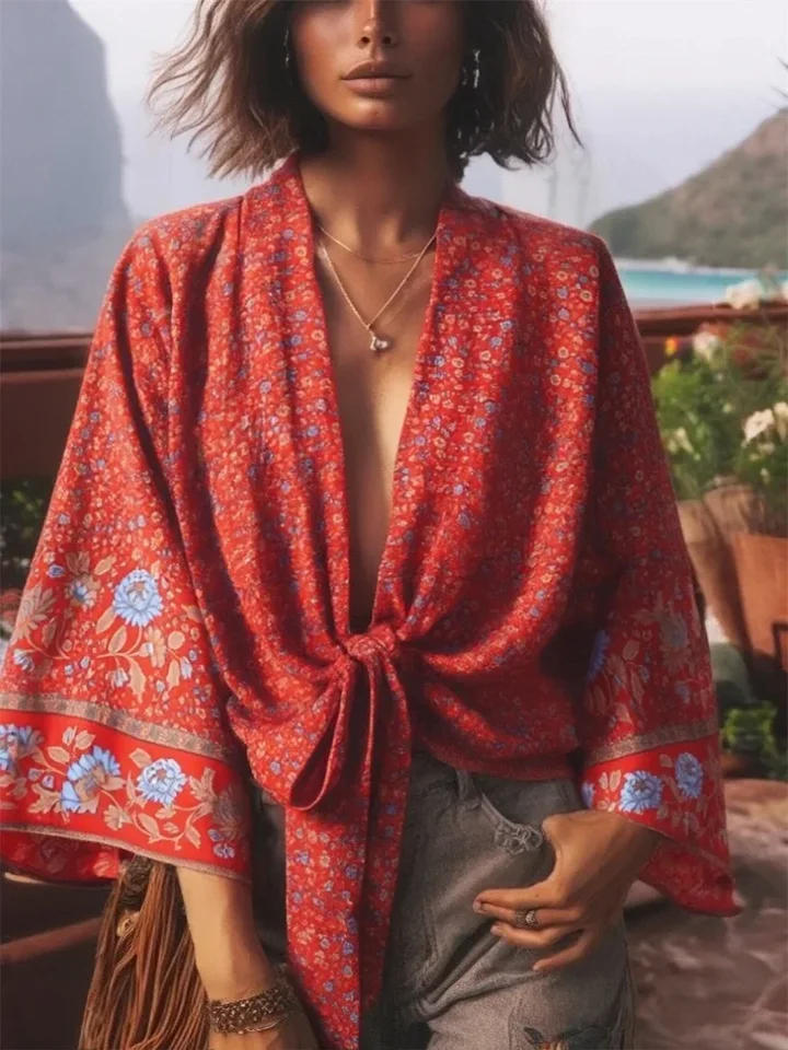 Vintage kvetinové tlačy Sashes SASHES KRÁTKEJ ČEČNÉ KOMONO KIMONO Dámske módne batwing rukávy Rayon boho bikini pokrývky plážové nosenie