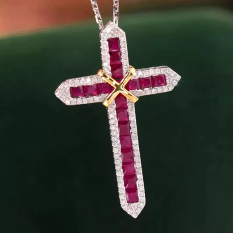 Vintage laboratórium Ruby Cross Pendant 925 Sterling Silver Party Svadobné prívesky Náhrdelník pre ženy Muži výročie darček k šperku