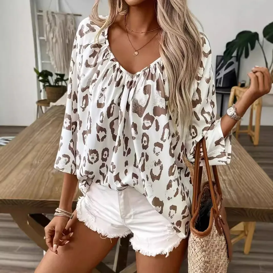 Vintage leopard tlač elegantná košeľa Dámske dám 2025 jarné leto nové vrcholy stojan s dlhým rukávom Patchwork košele a blúzky Blusas