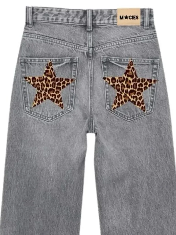 Vintage leopard tlač Pentagram Grafické džínsy y2k dámske harajuku gothic hip hop hop džínsy s vysokým pásom štíhle fit široké nohavice