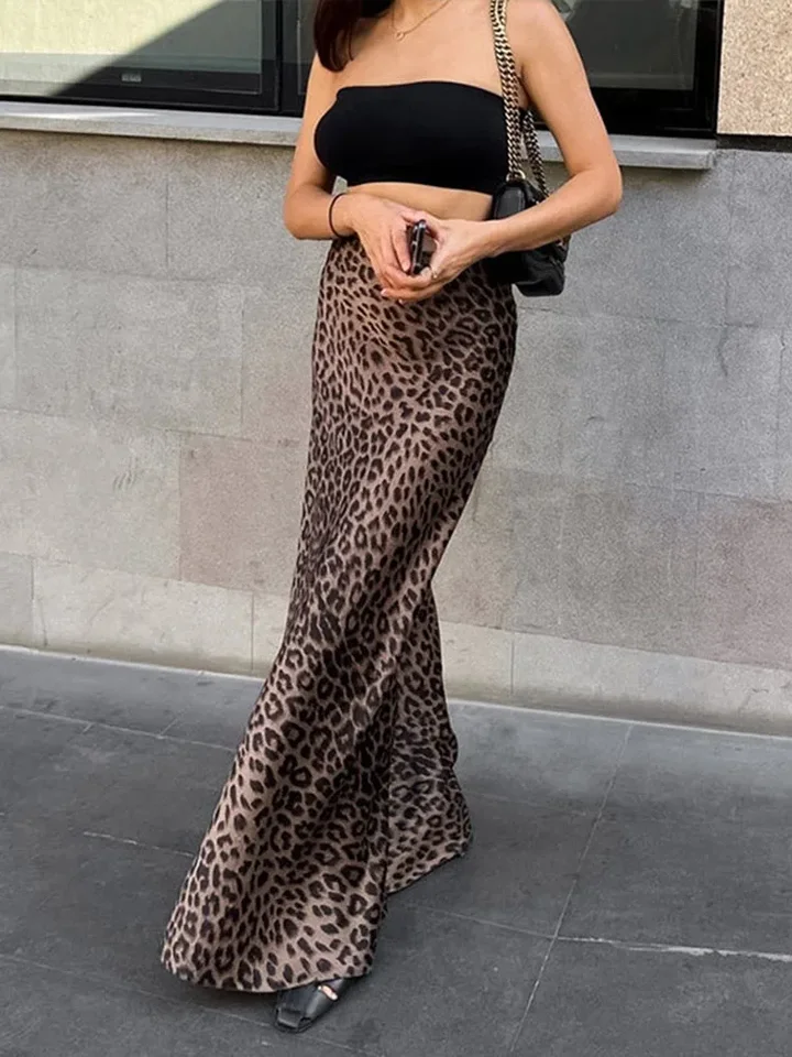 Vintage leopardová tlačová trúbka sukne Žena 2024 Street Chic Vysoký pás dlhá sukňa Spring Office Slim Zipper sukne zips
