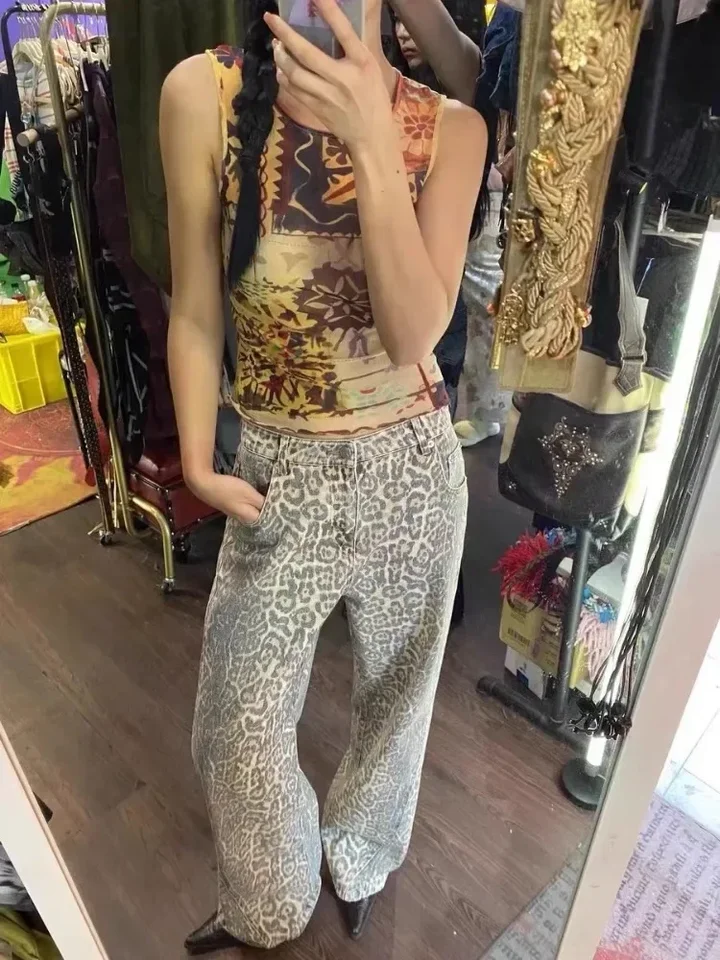Vintage leopardové tlačové džínsy Ženy s vysokým pásom široké nohavice džínsové nohavice 2024 Nové streetwear módne retro casy y2k baggy džínsy