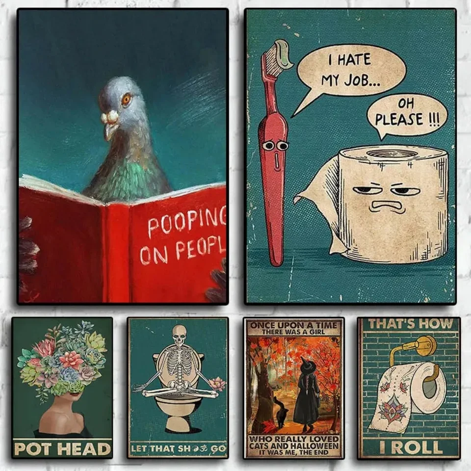 Vintage logo Prečítajte si knihu Kniha zubná kefka toaletný papier Plagát estetická mačka mor mor moru umýva ruku plátno nástenné umenie domáca izba dekor