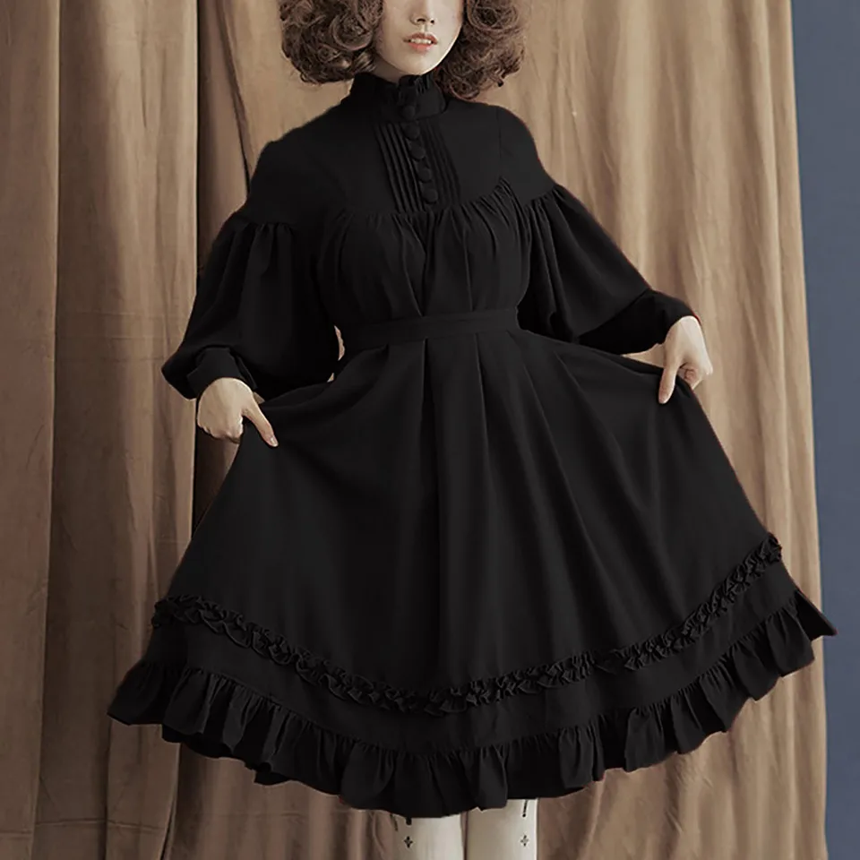Vintage Lolita Style Dress Dámske Študenti Študenti s dlhým rukávom voľné korytnaté lace Lace lampa rukávy roztomilé populárne šaty