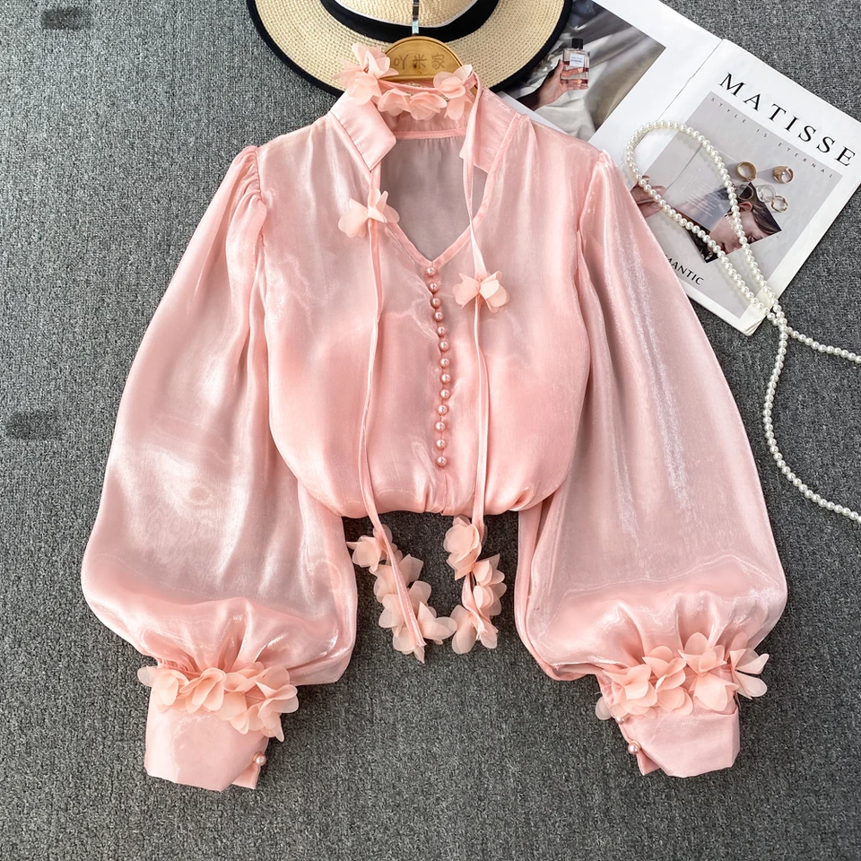 Vintage lucerna s dlhým rukávom vneck blúzka štíhla elegantná kórejská móda voľné top Sexy jarné letné dámske košele