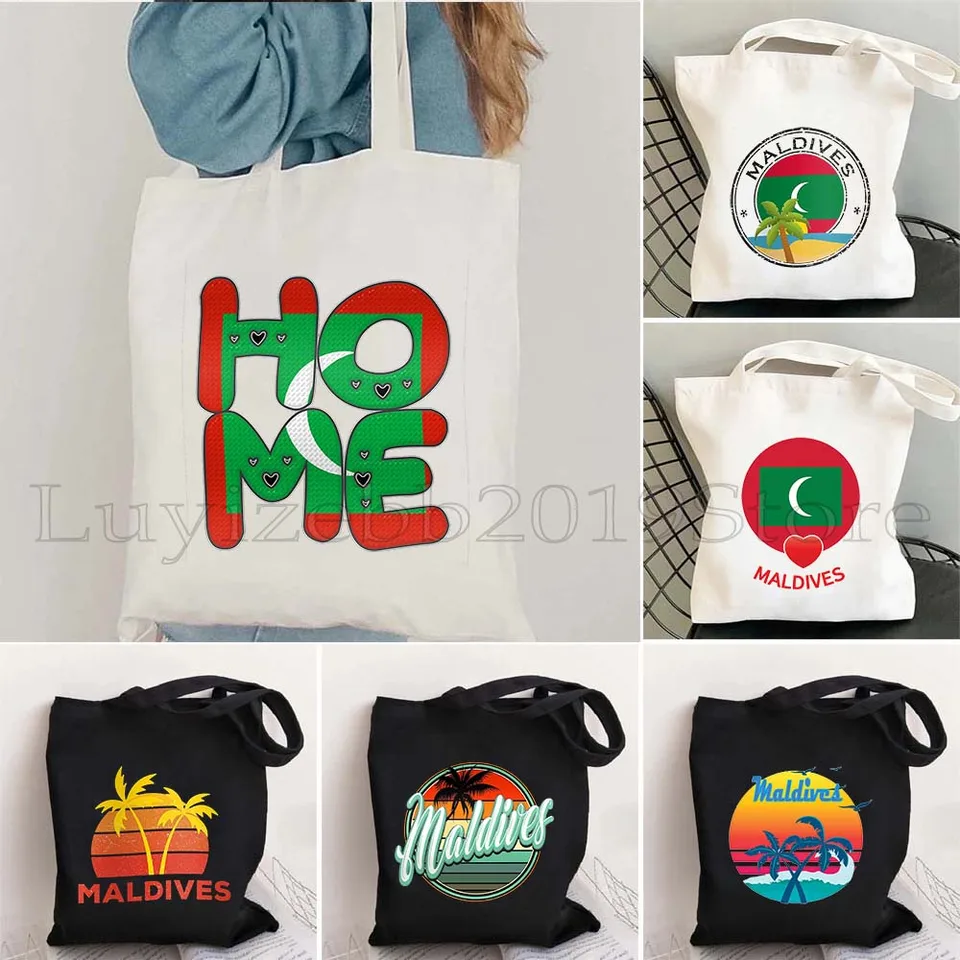 Vintage Maldivy Maldivská vlajka Láska srdce Retro letná pláž dovolenka Sunset darčeky plátno rameno tote taška harajuku ekologická kabelka