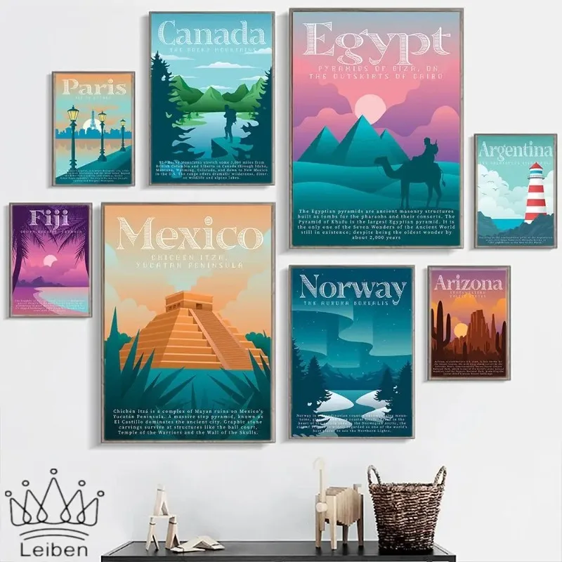 Vintage mestský pracovník cestovného plagátu Canvas maľba ikonické pamiatky Egypta v Paríži Mexiko nórske nástenné umenie pre spálňu