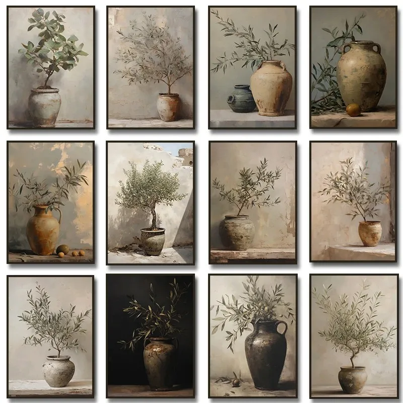 Vintage minimalistické nástenné umenie Taliansko Olive Tree vo váze maľba maľby plagáty výtlačky zátišie botanická starožitná domáca izba dekor