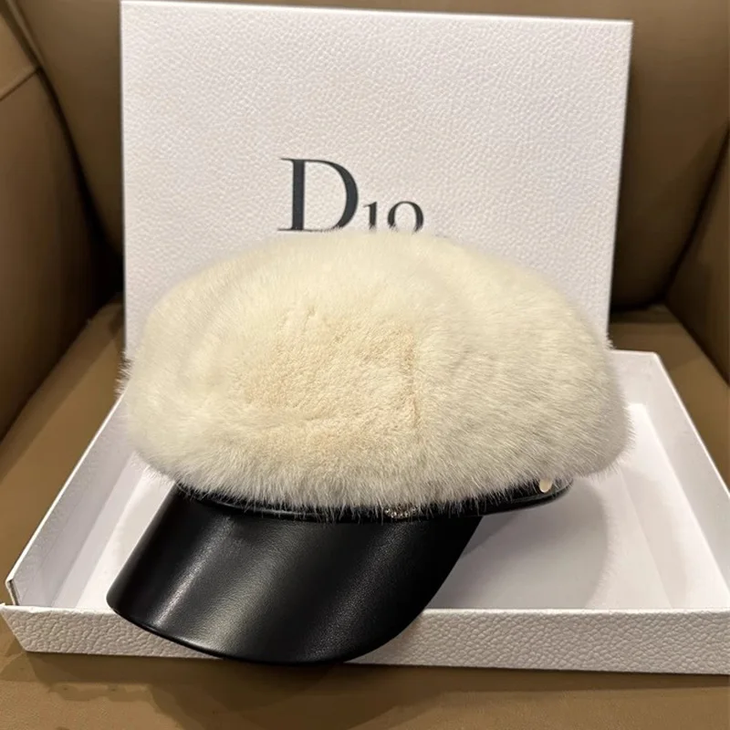 Vintage Mink Fur Beret Ženy Luxusný všestranný umelec klobúk Dievčatá Lady Winter Warm Warm Hlada Octagonálna čiapka Tvrdé okrajové čiapky