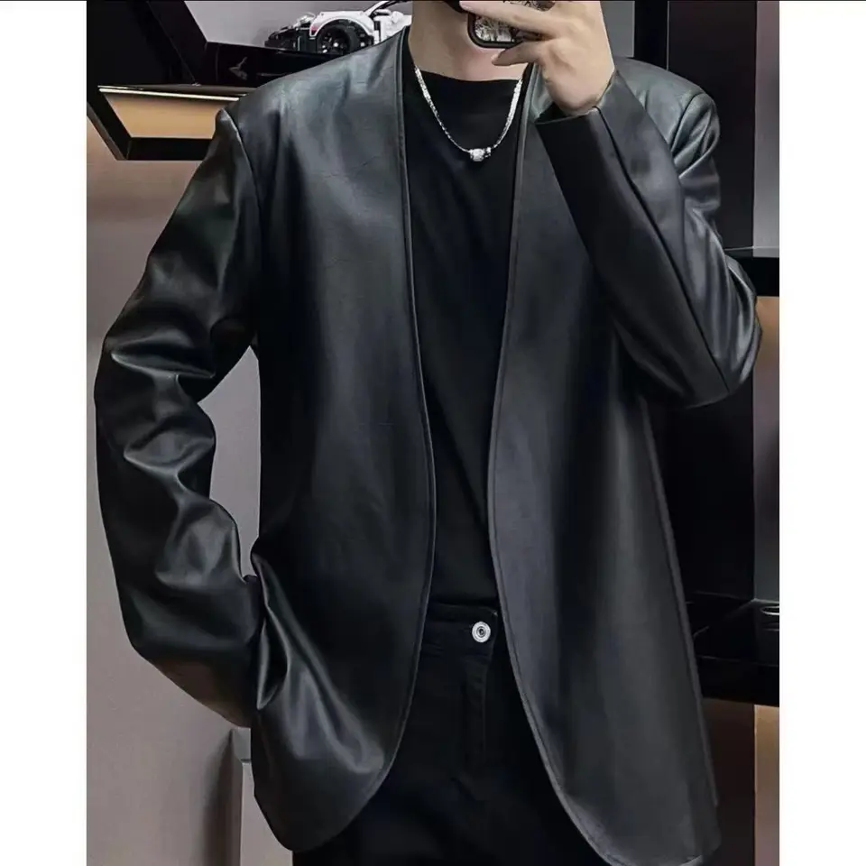 Vintage Mirad kožená bunda pre mužov bez golieru s dlhým rukávom Módne módne módne trendy kožušinové vrchol