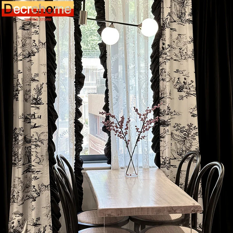 Vintage moderná čierna a biela tlačená patchwork závesy pre obývaciu izbu spálňa francúzsky balkónový čipk