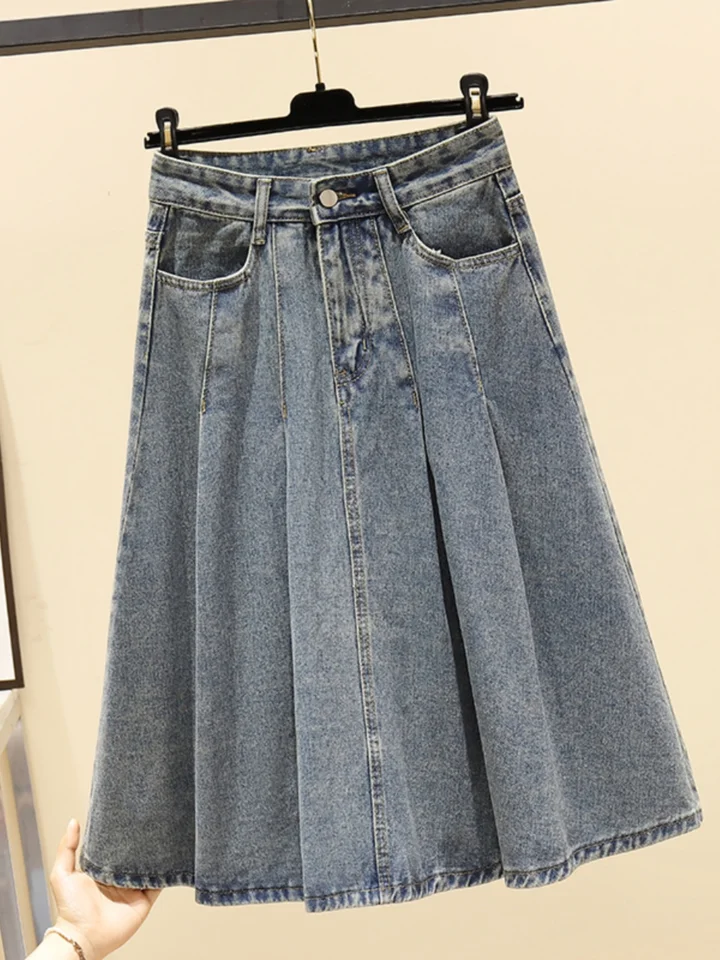 Vintage modré džínsové sukne Ženy leto nová stredná dĺžka piknuté džínsové sukne Príležitostné sukne sukne sukne s-3xl