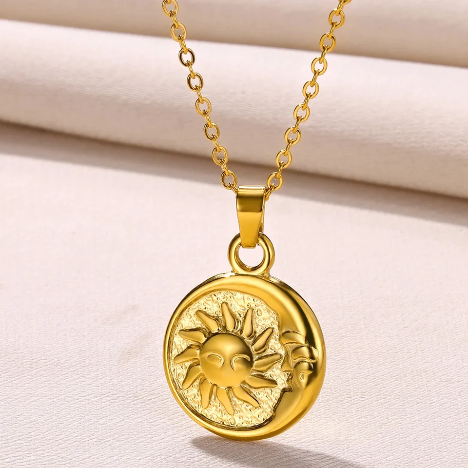 Vintage Moon Sun Round Pendant Náhrdelník pre ženy Men Zlatá farba nehrdzavejúcej ocele 2024