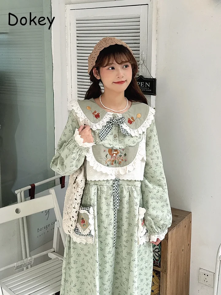 Vintage Mori Girl vyšívacie kvetiny zelené kawaii šaty Ženy Jeseň čipka zavrčané Peter Pan Collar s dlhým rukávom voľný bavlnený dres