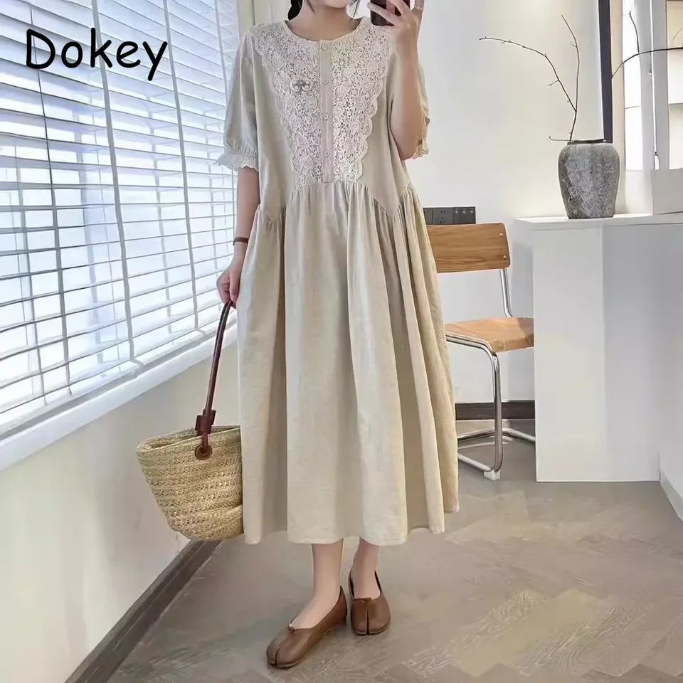 Vintage mori výšivka bavlnená bielizeň šaty Ženy eleganty O-krk voľné puzdro šaty jarné letné leto