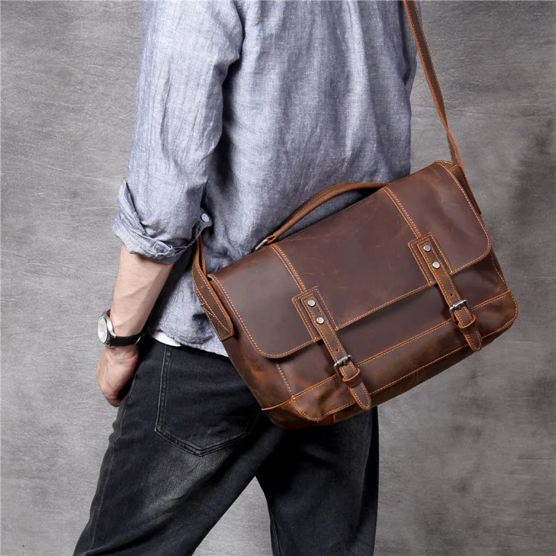 Vintage Natural Crazy Horse Cowhide Pánsky oficiálny dokument poštovné tašku Vysoko kvalitnú pravú koženú kabelku cestovné práce Satchel