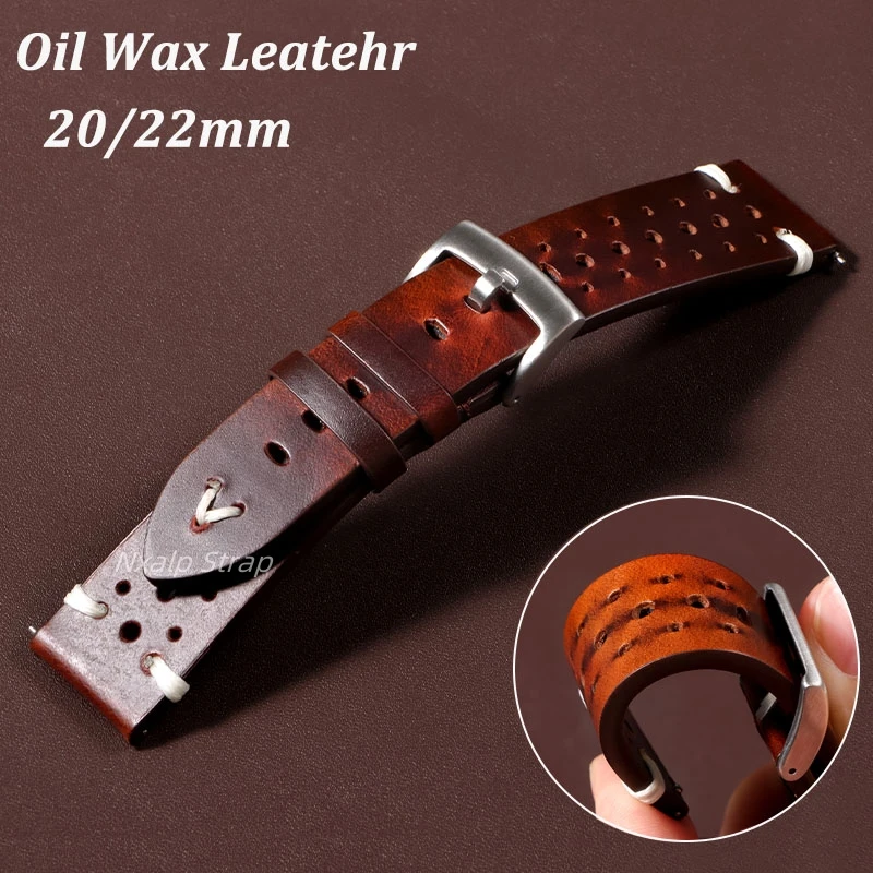Vintage olejový vosk z koženého hodinky 20 mm 22 mm ručne vyrábaný stehing Cowhide Watchband Priedušné rýchle uvoľnenie náramok