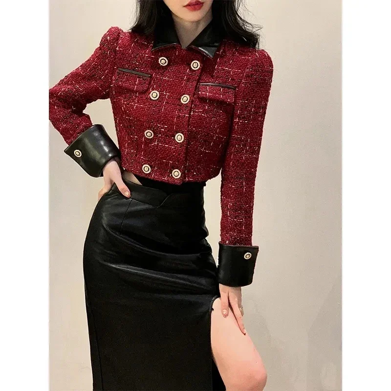 Vintage orezaný tvídový bunda Ženy Elegantné blazers Kórejské patchwork krátky oblek vianočné dvojité breasted elegantné vrchné oblečenie