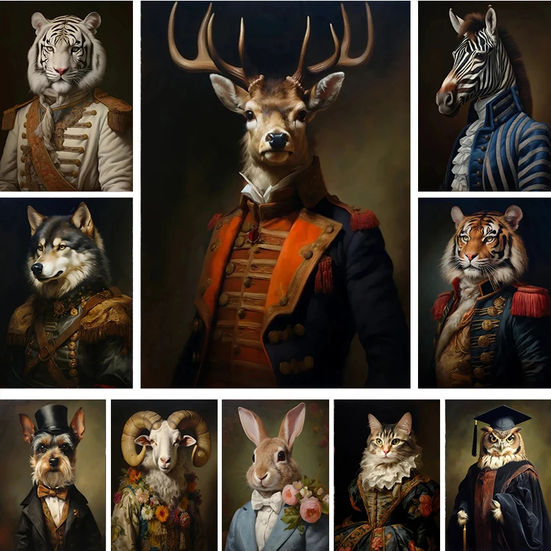 Vintage palác aristokrat nádherný kostým zvierat Tiger Lion Art Art Plaght Canvas Obrazy nástenné umelecké obrázky Domáca izba Výzdoba