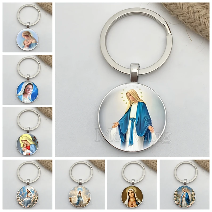 Vintage Panna Mary Pattern Glass Keychain Náboženské šperky Rodina člena darček vhodný pre kľúče od domu